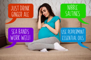 Pregnant woman on a couch, surrounded by speech bubbles of unhelpful advice
