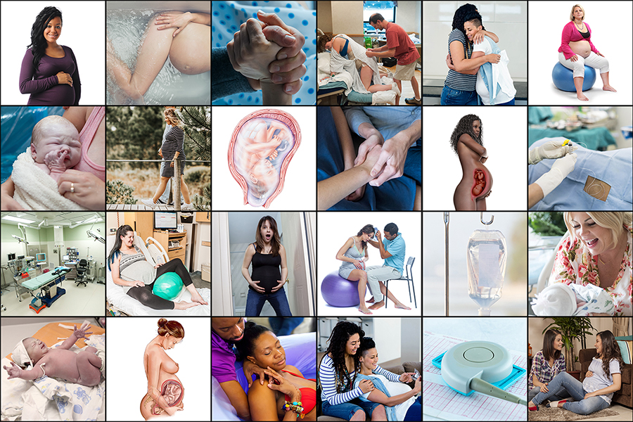 Collage of photos of pregnant and birthing people, babies, and medical diagrams